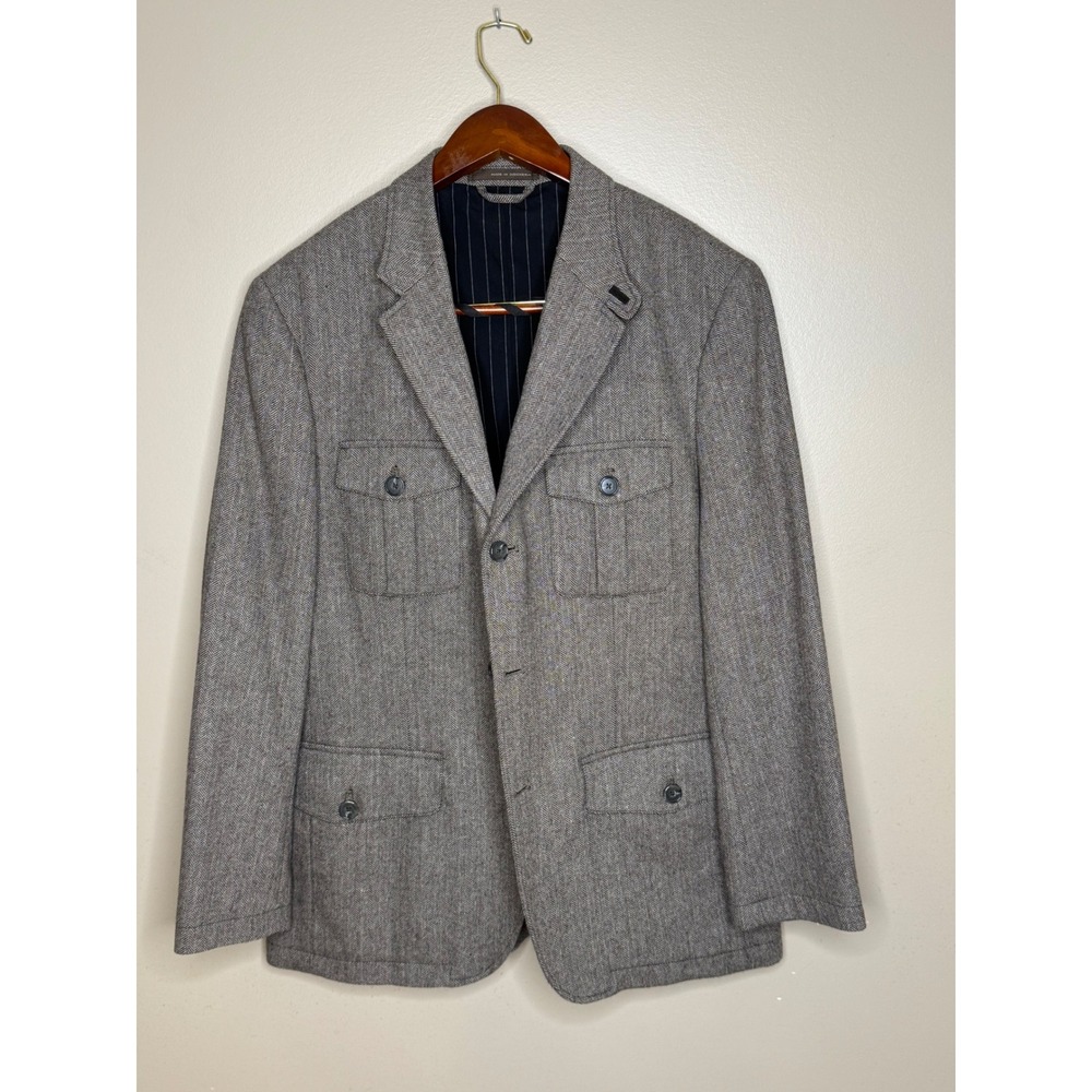 Tasso Elba Mens Herringbone Tweed Safari Sports Coat Blazer Grey Brown 3 Button